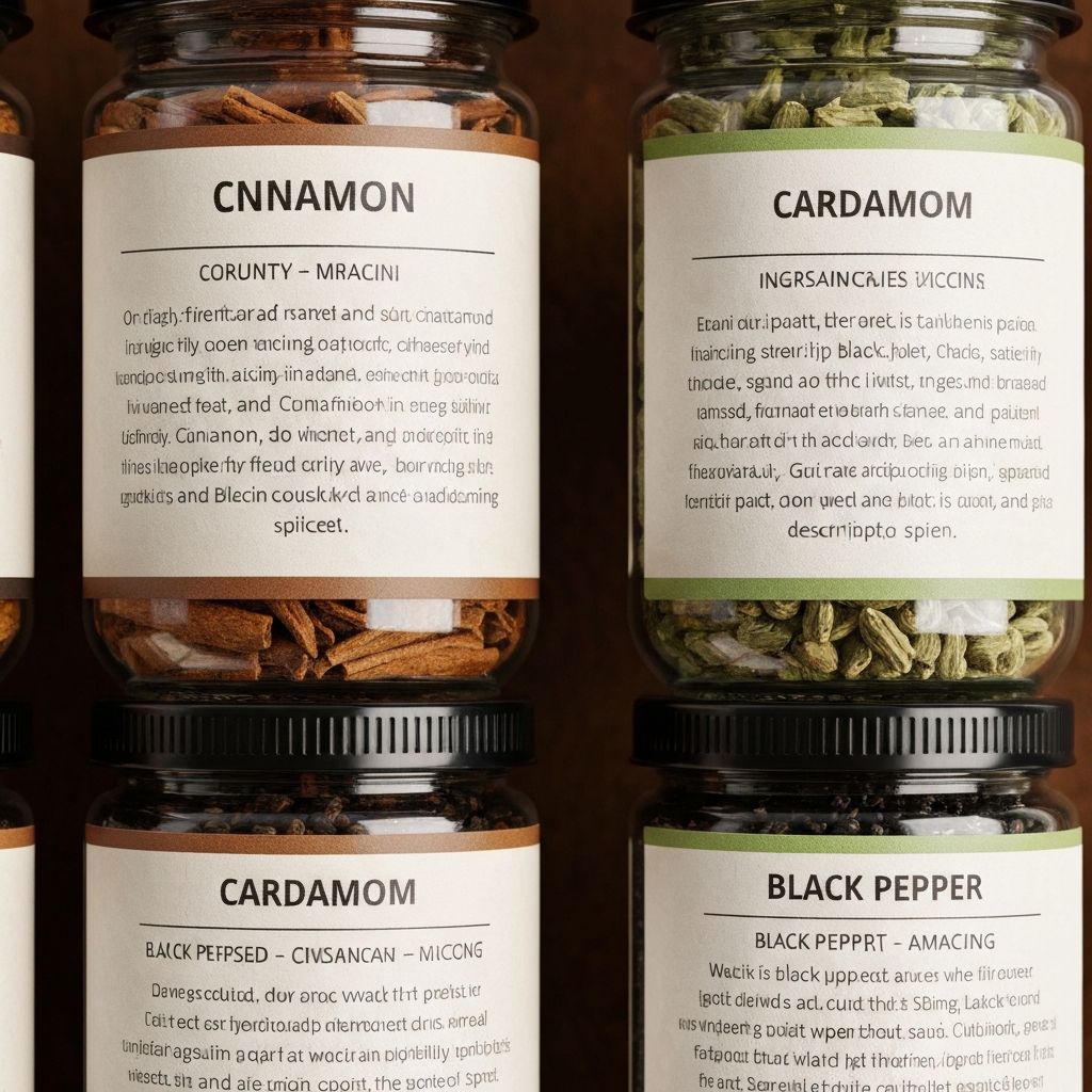 Nahaufnahme verschiedener Gewürzetiketten